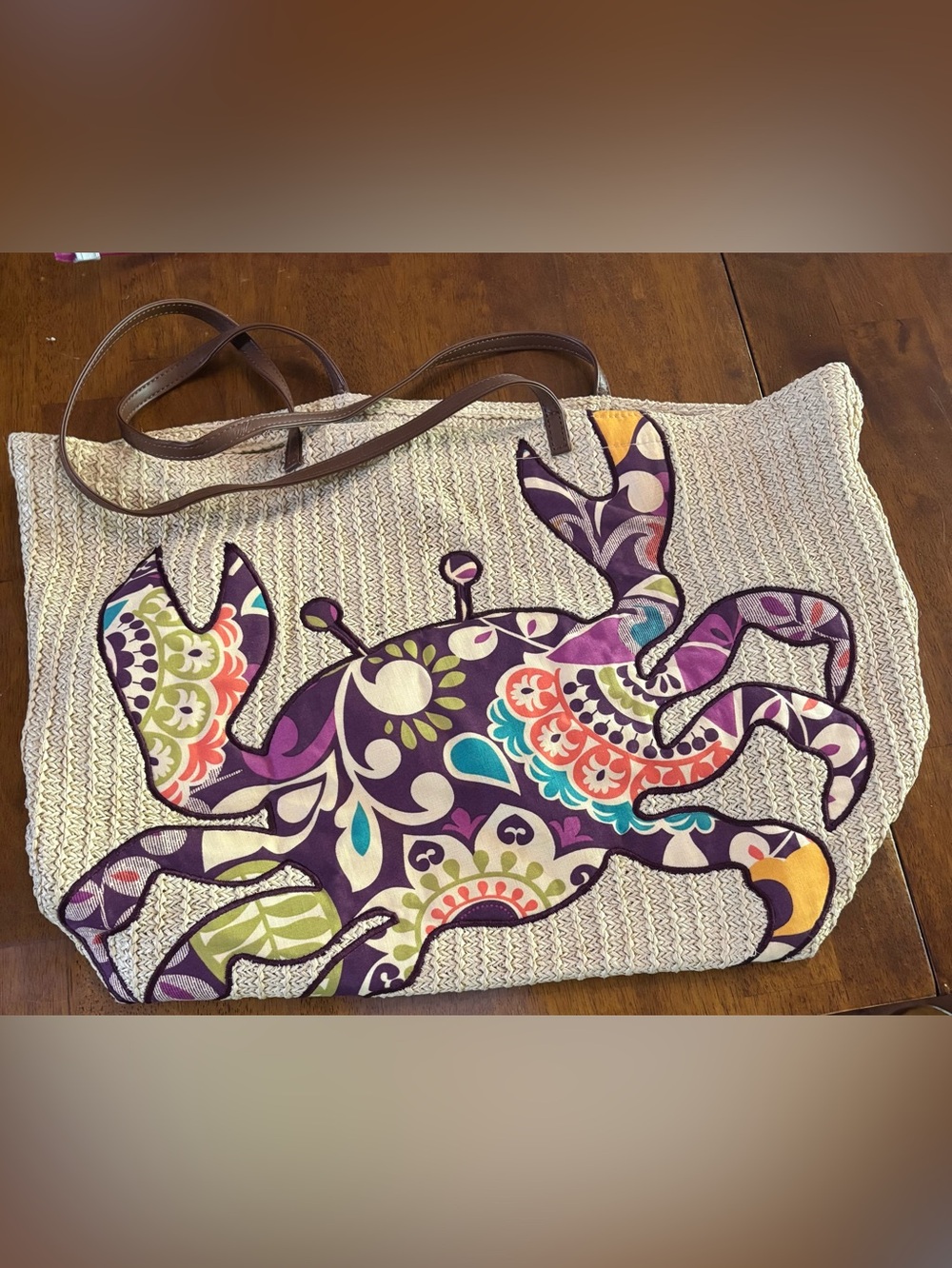 Vera Bradley Seashore Plum Crazy Crab Woven Straw Beach Tote Bag Open Purple